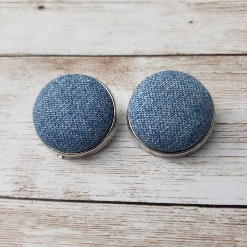 Vintage Clip On Earrings Blue Demin? Circle Silver Tone Button Style 1 & 1/8"